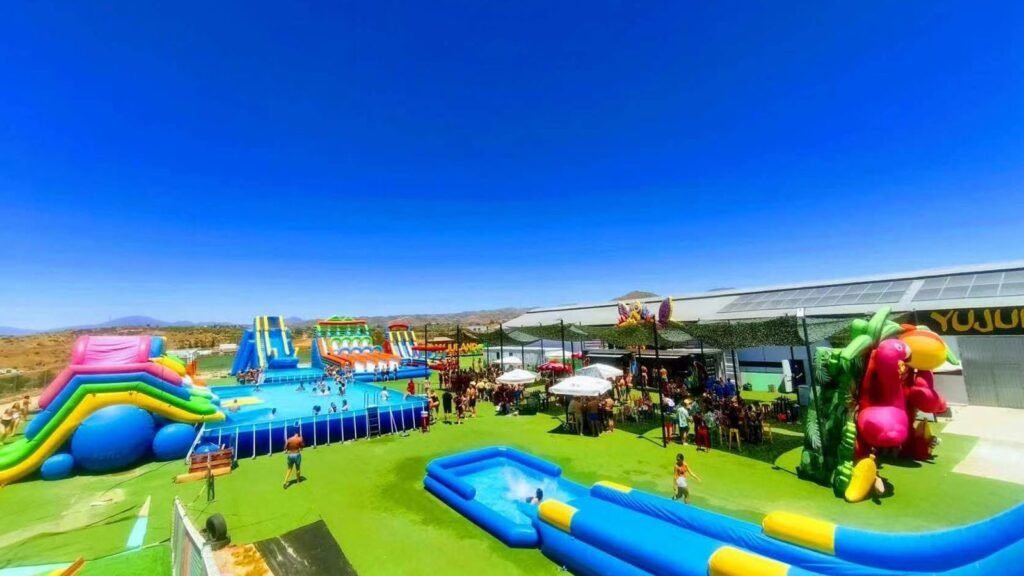 Inflatable water park combo at an outdoor park in Europe